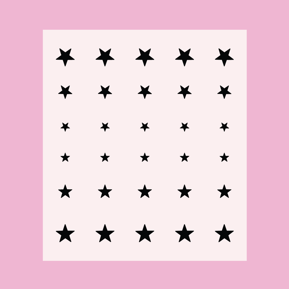 Sheet of black star stickers in varying sizes for Stars nail art and manicure decoration on a pale pink background