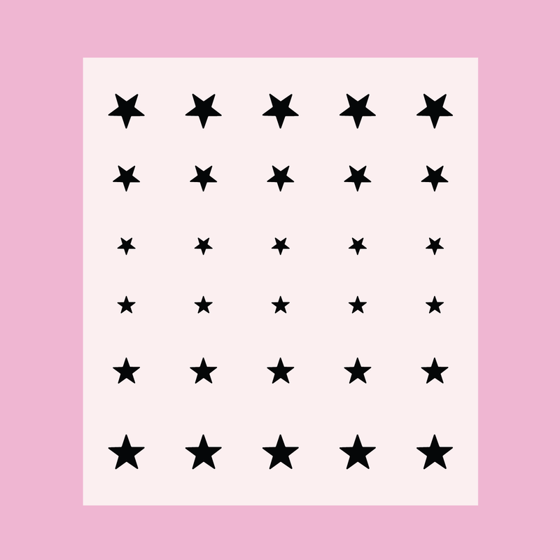 Sheet of black star stickers in varying sizes for Stars nail art and manicure decoration on a pale pink background